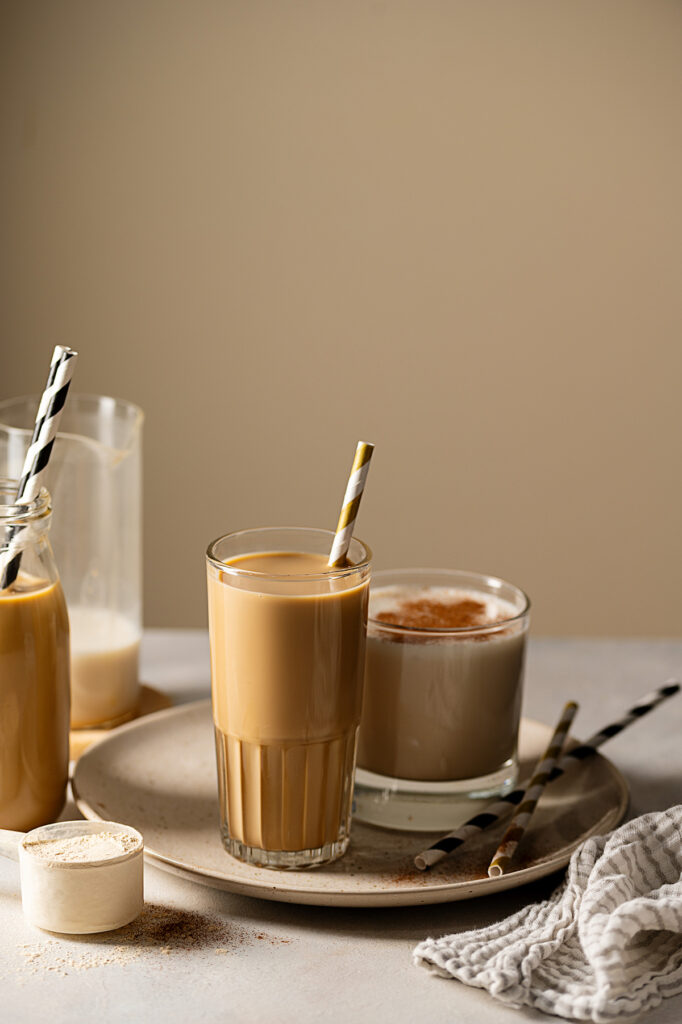Chocolate protein drink or coffee refreshing drinks.
