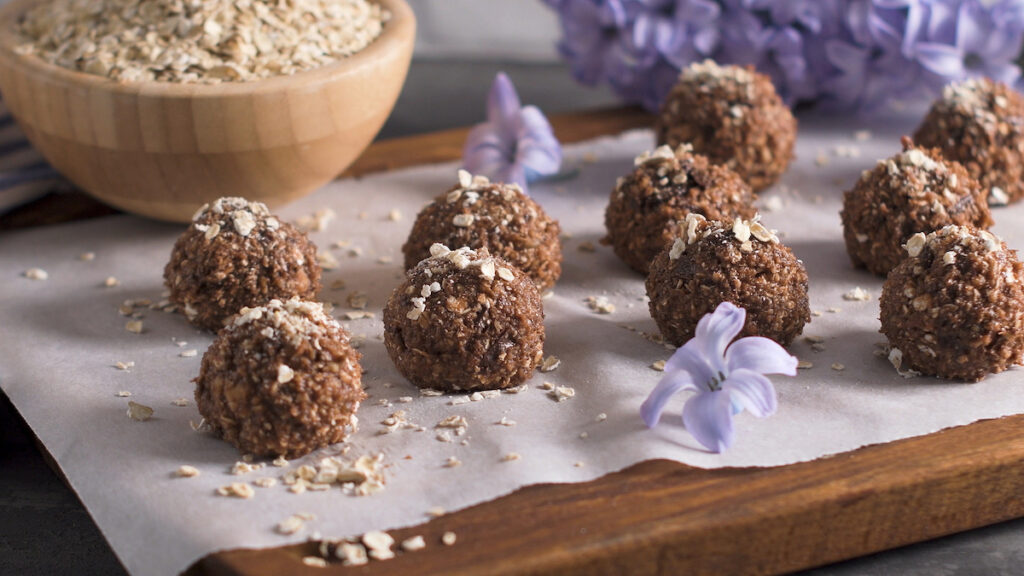 Delicious homemade fresh energy balls with chocolate.
