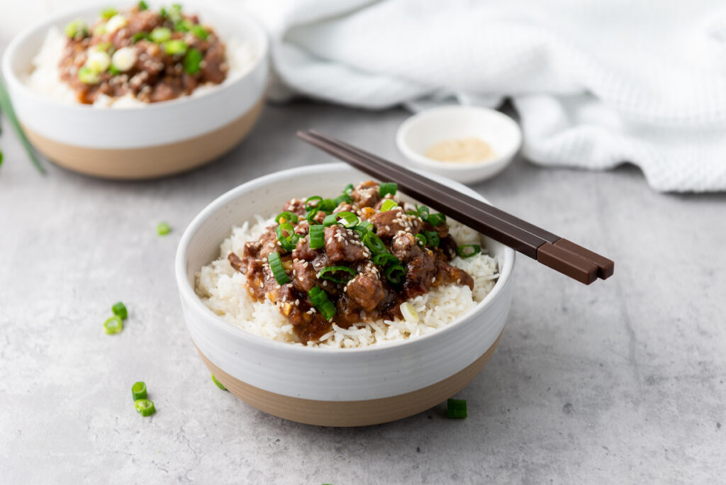 Slow Cooker Mongolian Beef in a white bowl